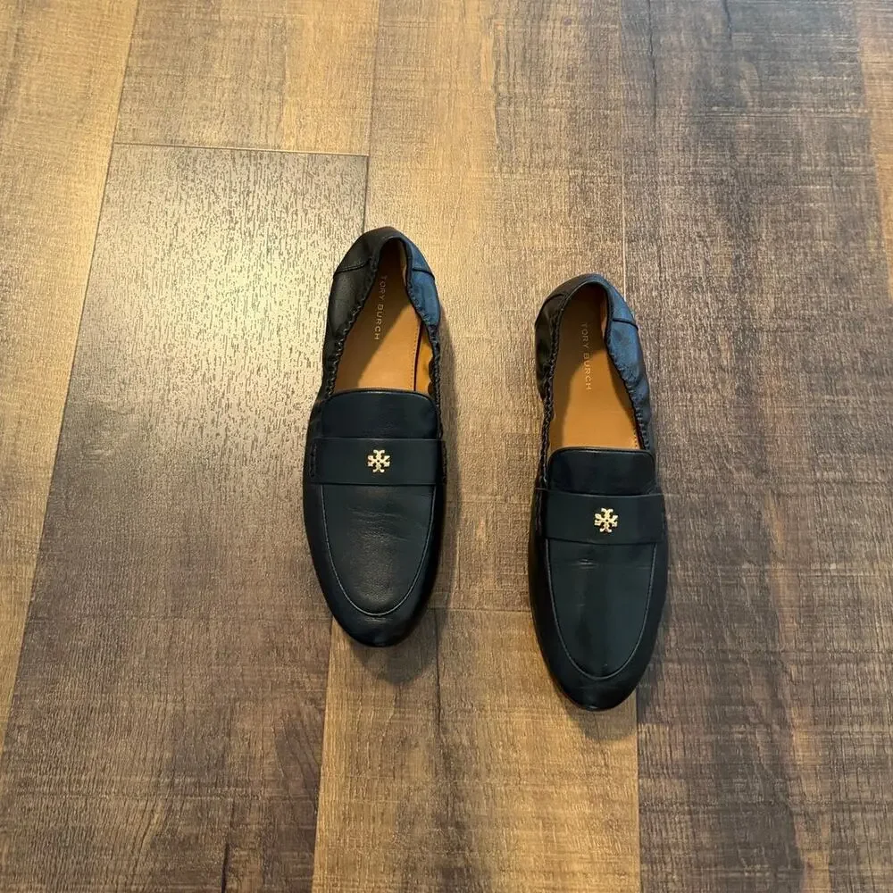Tory Burch Black Leather Loafers Women's 7.5M Gold Logo Flats